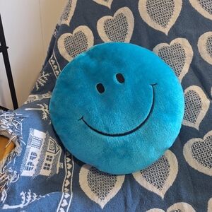 90s Y2K Blue Giggler Smiley Face Plush Pillow Retro Dorm Decor